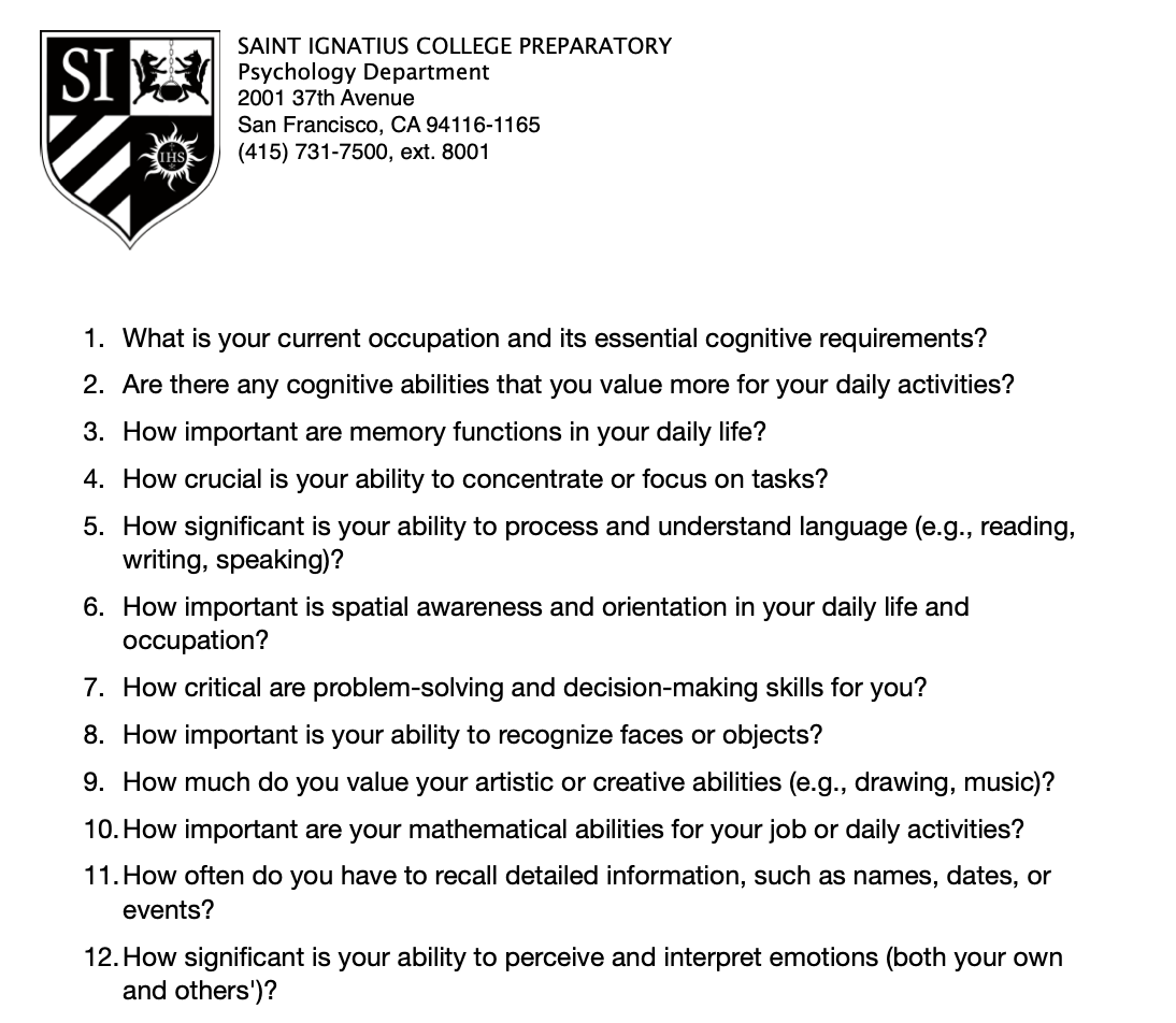 A questionnaire from Saint Ignatius College Preparatory's Psychology Department asking about the respondent's occupation and various cognitive abilities related to daily life and work.